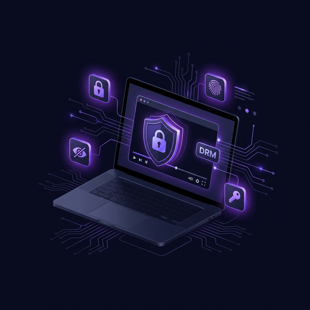 RITVERA video security platform illustration showing protected video content with DRM and watermarking